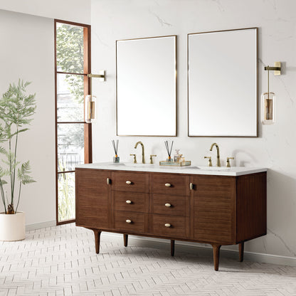 James Martin Vanities Amberly 72" Mid-Century Walnut Double Vanity With 3 cm Lime Delight Top