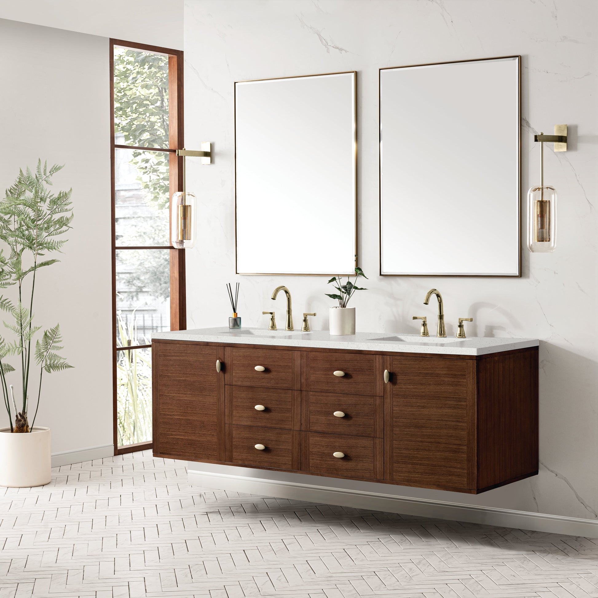 James Martin Vanities Amberly 72" Mid-Century Walnut Double Vanity With 3 cm Lime Delight Top