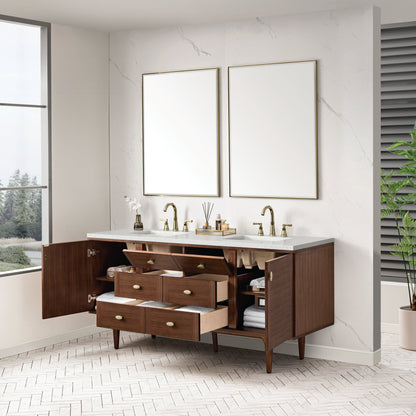 James Martin Vanities Amberly 72" Mid-Century Walnut Double Vanity With 3 cm Lime Delight Top