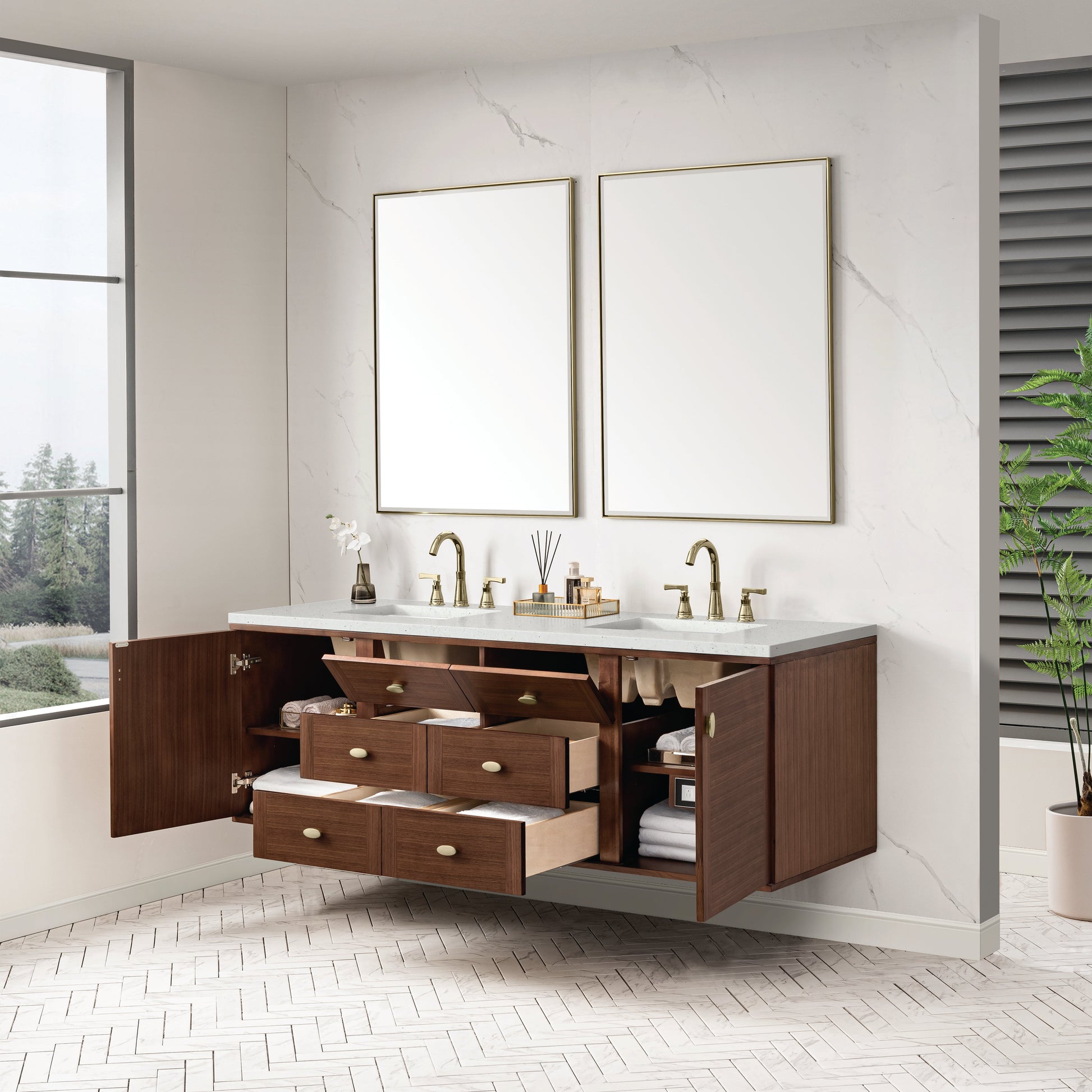 James Martin Vanities Amberly 72" Mid-Century Walnut Double Vanity With 3 cm Lime Delight Top