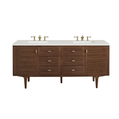 James Martin Vanities Amberly 72" Mid-Century Walnut Double Vanity With 3 cm Lime Delight Top