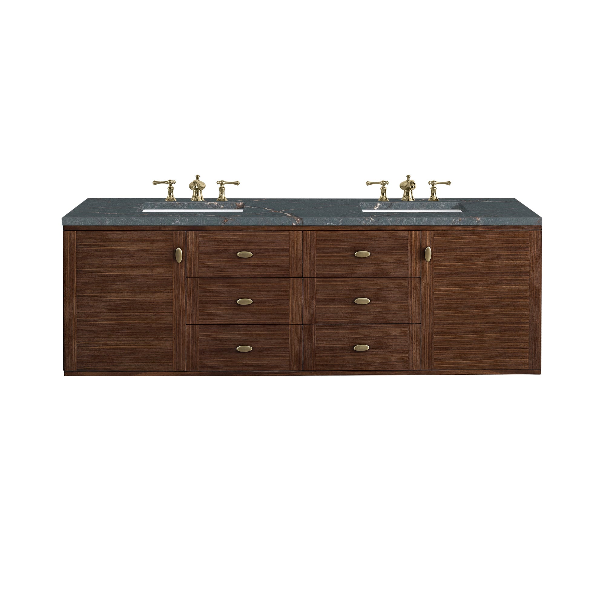 James Martin Vanities Amberly 72" Mid-Century Walnut Double Vanity With 3 cm Parisien Bleu Top