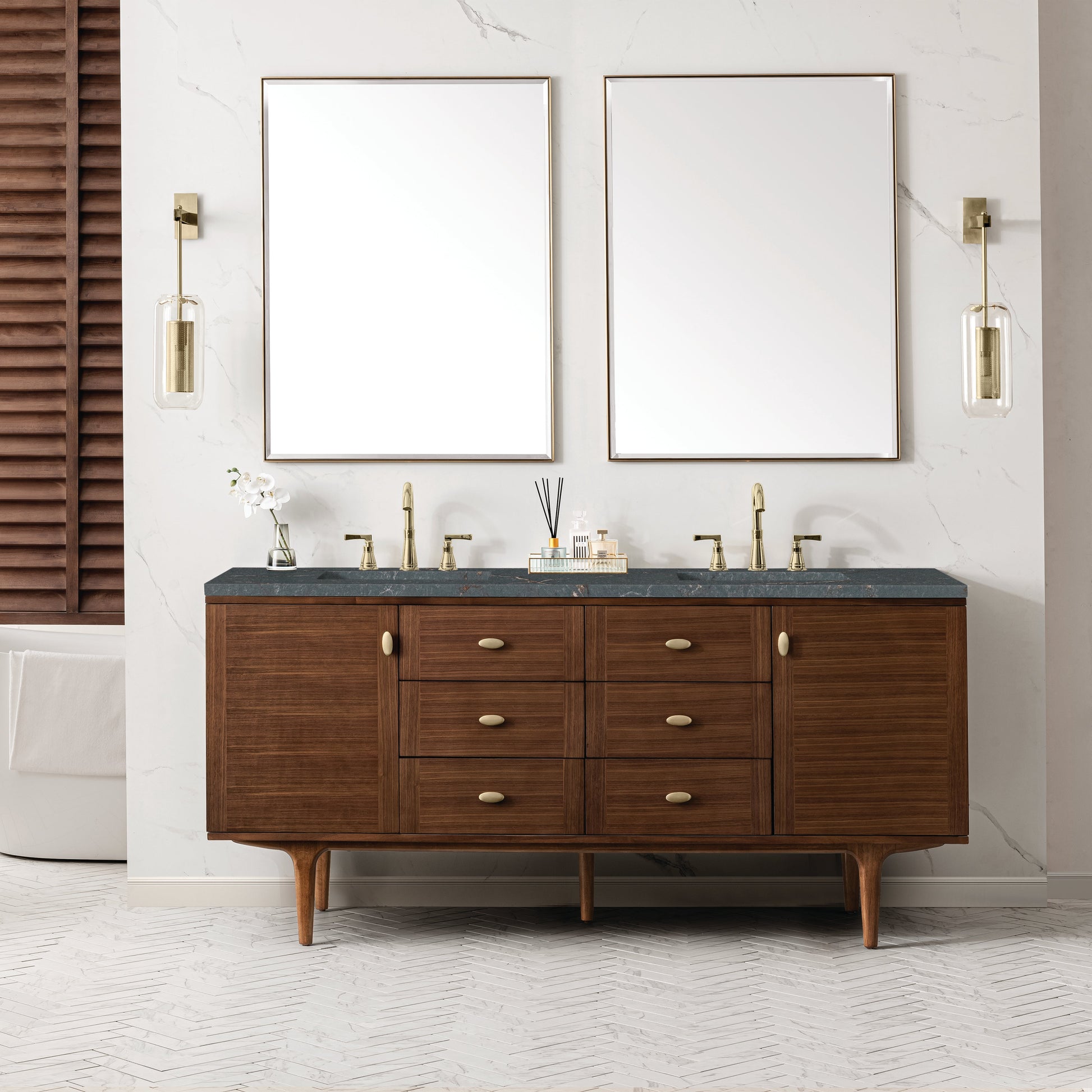 James Martin Vanities Amberly 72" Mid-Century Walnut Double Vanity With 3 cm Parisien Bleu Top