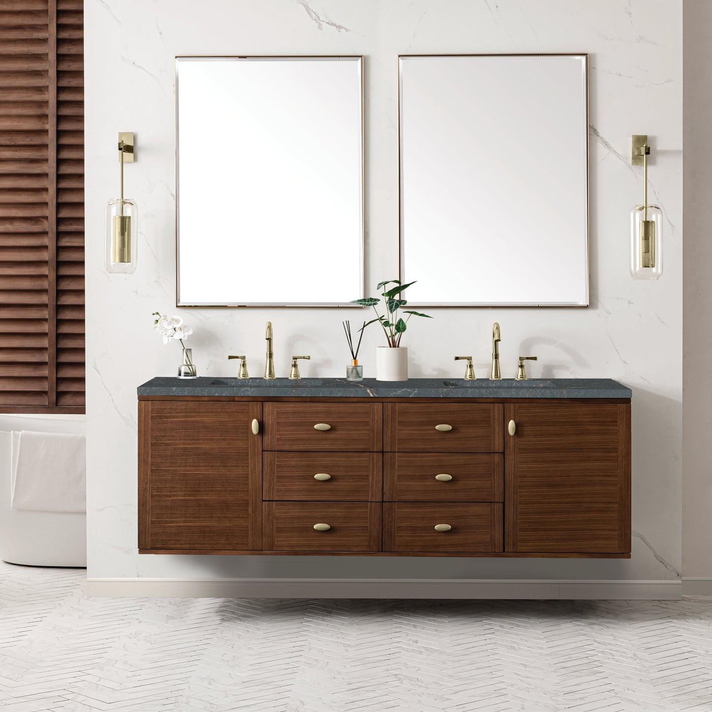 James Martin Vanities Amberly 72" Mid-Century Walnut Double Vanity With 3 cm Parisien Bleu Top