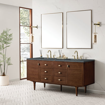 James Martin Vanities Amberly 72" Mid-Century Walnut Double Vanity With 3 cm Parisien Bleu Top