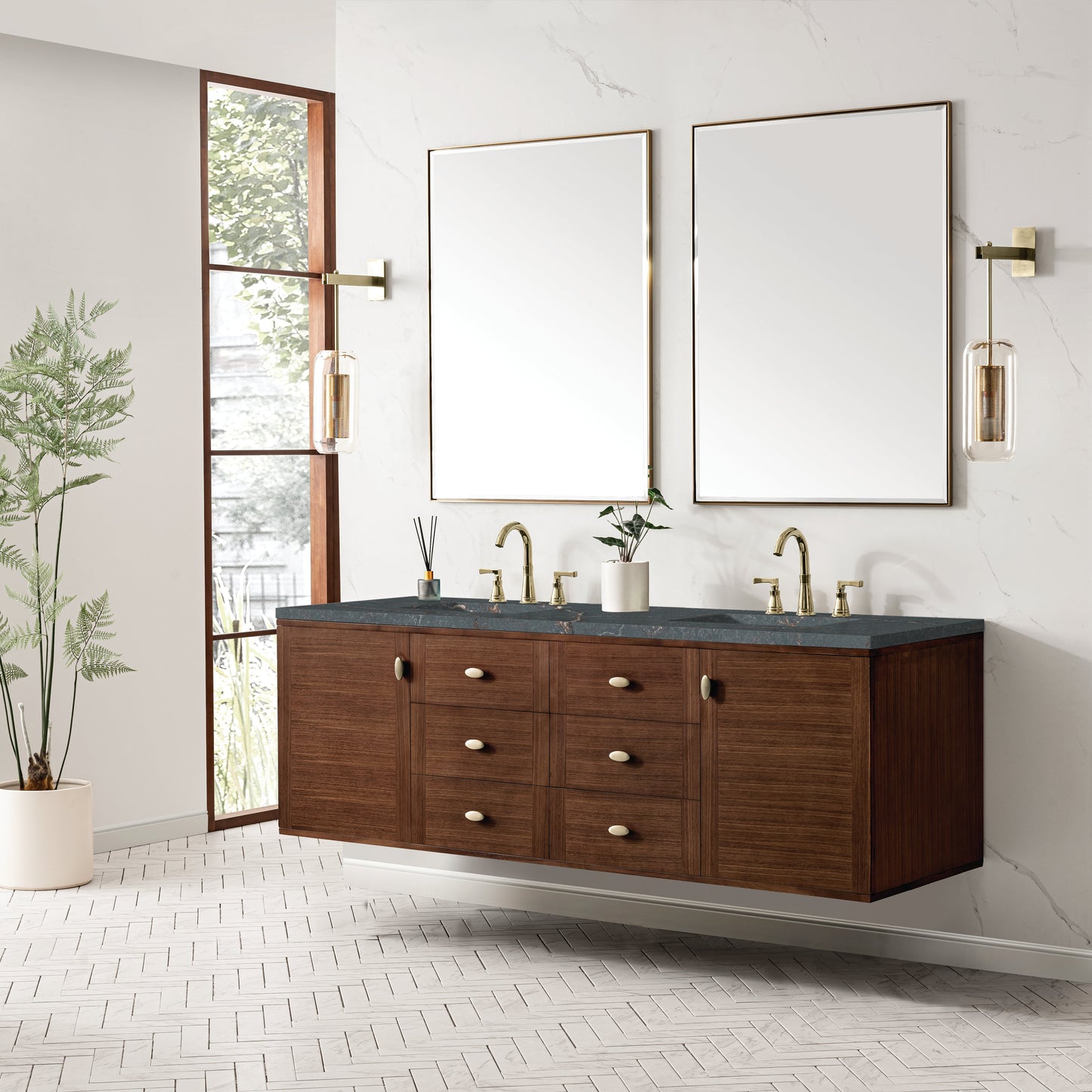 James Martin Vanities Amberly 72" Mid-Century Walnut Double Vanity With 3 cm Parisien Bleu Top