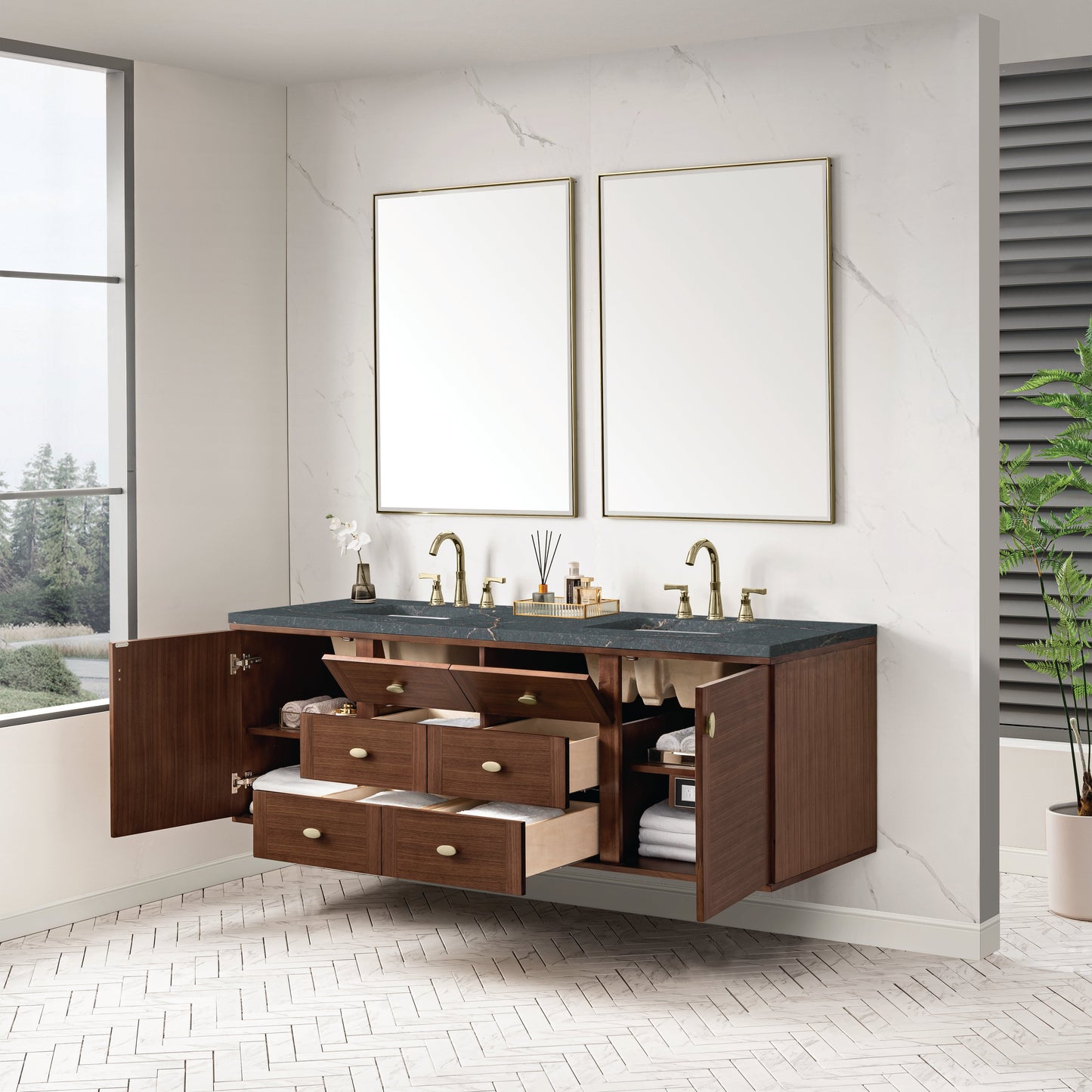 James Martin Vanities Amberly 72" Mid-Century Walnut Double Vanity With 3 cm Parisien Bleu Top