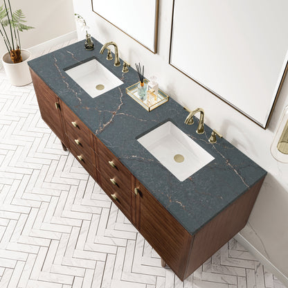 James Martin Vanities Amberly 72" Mid-Century Walnut Double Vanity With 3 cm Parisien Bleu Top