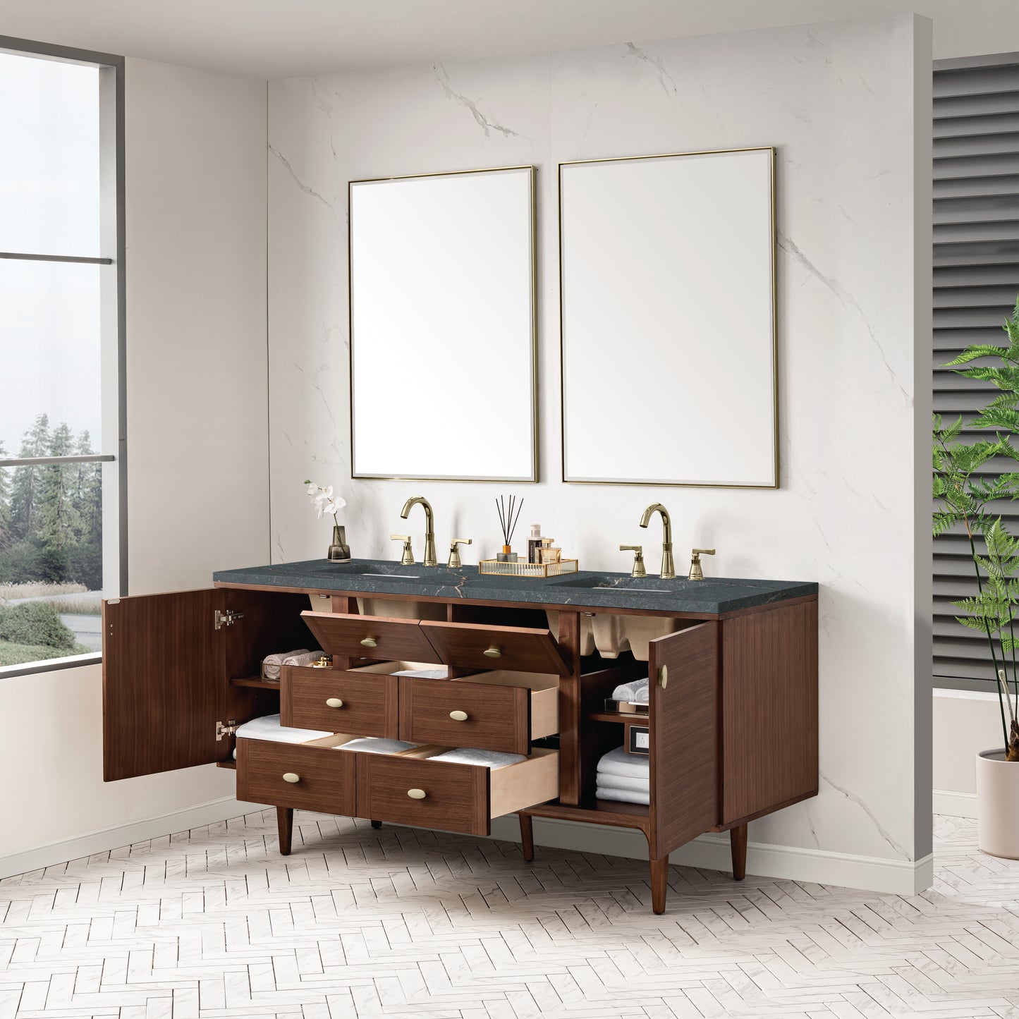 James Martin Vanities Amberly 72" Mid-Century Walnut Double Vanity With 3 cm Parisien Bleu Top and FreePower Wireless Charger