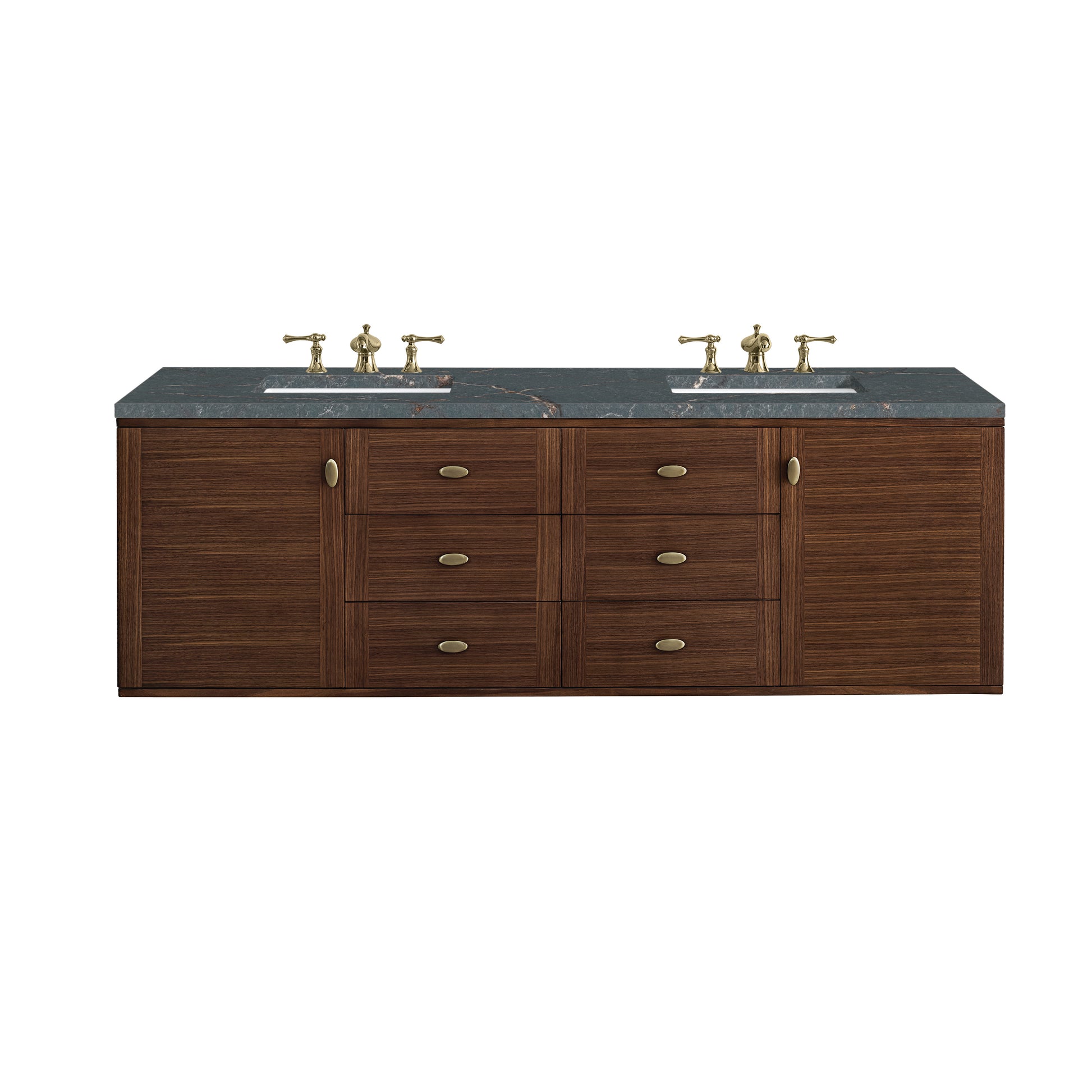 James Martin Vanities Amberly 72" Mid-Century Walnut Double Vanity With 3 cm Parisien Bleu Top and FreePower Wireless Charger