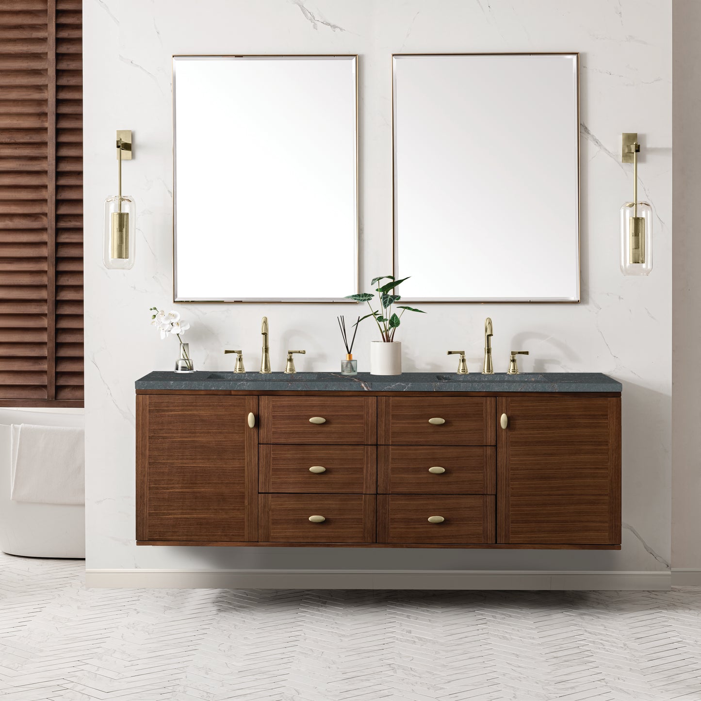 James Martin Vanities Amberly 72" Mid-Century Walnut Double Vanity With 3 cm Parisien Bleu Top and FreePower Wireless Charger