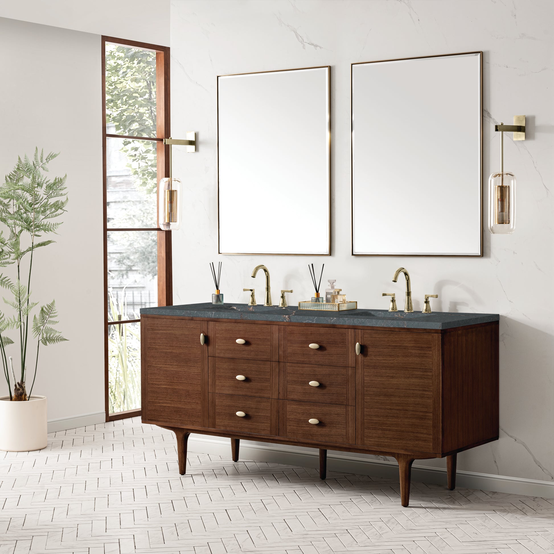 James Martin Vanities Amberly 72" Mid-Century Walnut Double Vanity With 3 cm Parisien Bleu Top and FreePower Wireless Charger