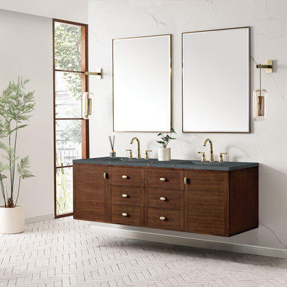 James Martin Vanities Amberly 72" Mid-Century Walnut Double Vanity With 3 cm Parisien Bleu Top and FreePower Wireless Charger