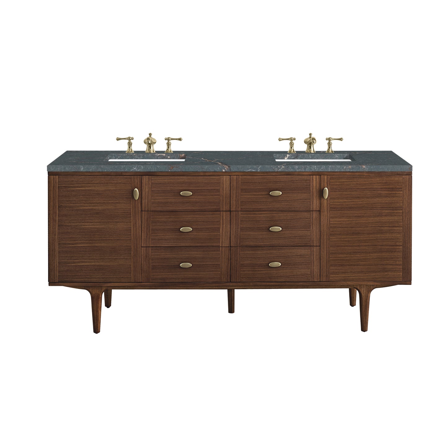James Martin Vanities Amberly 72" Mid-Century Walnut Double Vanity With 3 cm Parisien Bleu Top and FreePower Wireless Charger