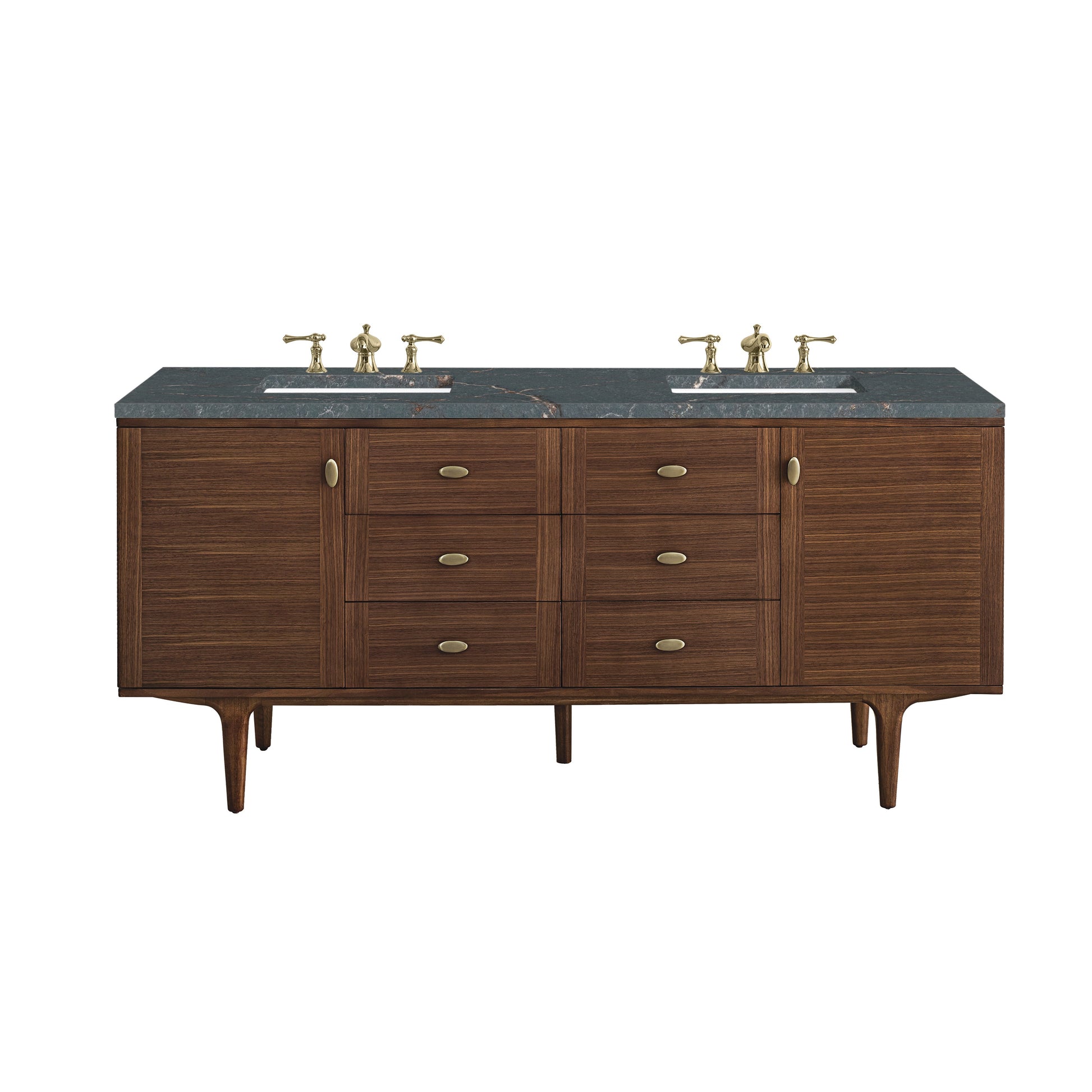 James Martin Vanities Amberly 72" Mid-Century Walnut Double Vanity With 3 cm Parisien Bleu Top