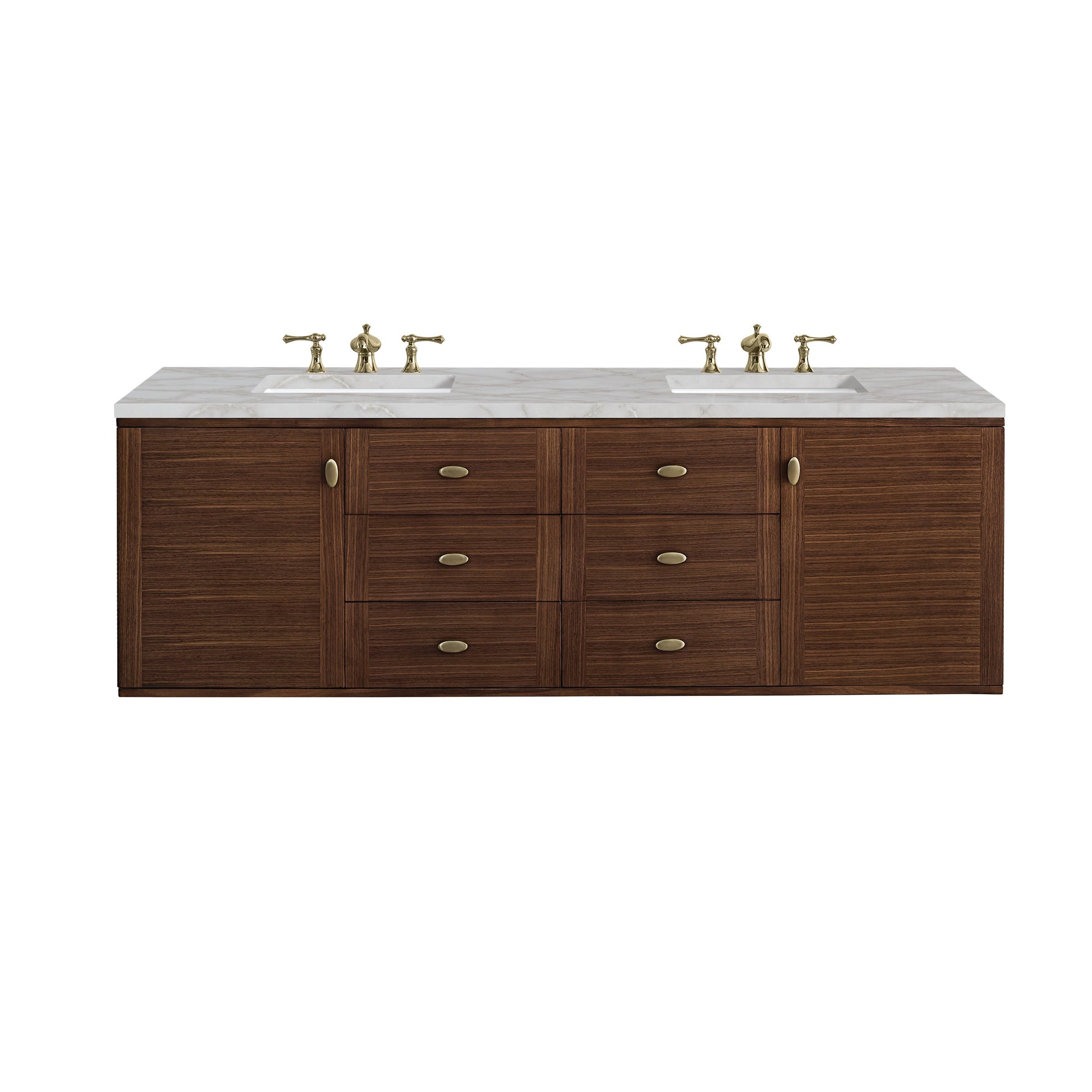 James Martin Vanities Amberly 72" Mid-Century Walnut Double Vanity With 3 cm Victorian Silver Top