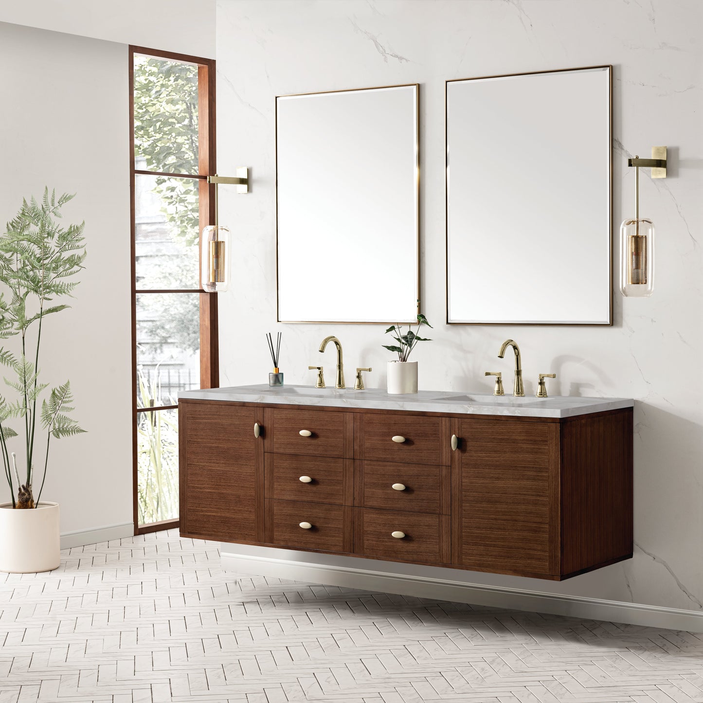 James Martin Vanities Amberly 72" Mid-Century Walnut Double Vanity With 3 cm Victorian Silver Top