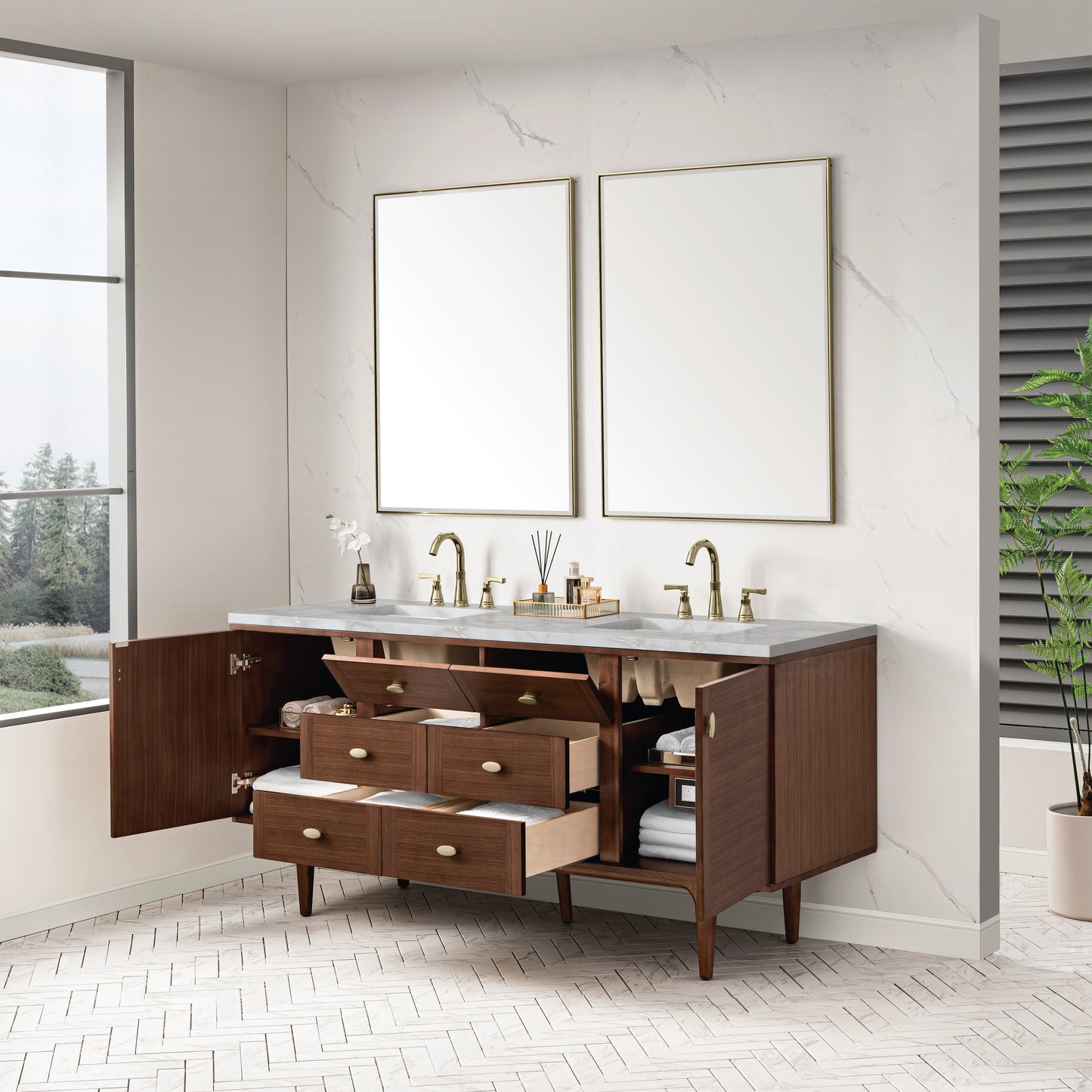 James Martin Vanities Amberly 72" Mid-Century Walnut Double Vanity With 3 cm Victorian Silver Top