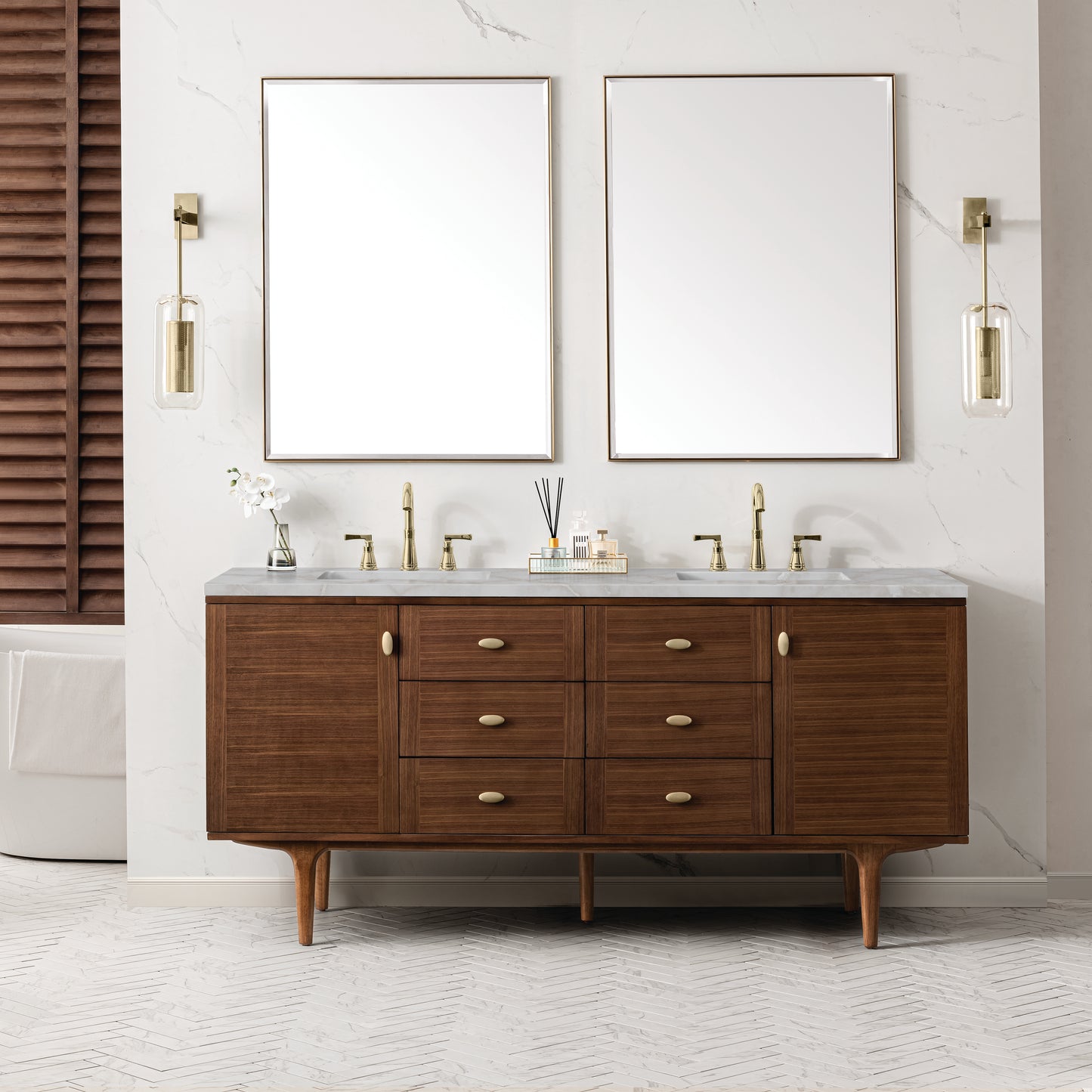 James Martin Vanities Amberly 72" Mid-Century Walnut Double Vanity With 3 cm Victorian Silver Top and FreePower Wireless Charger