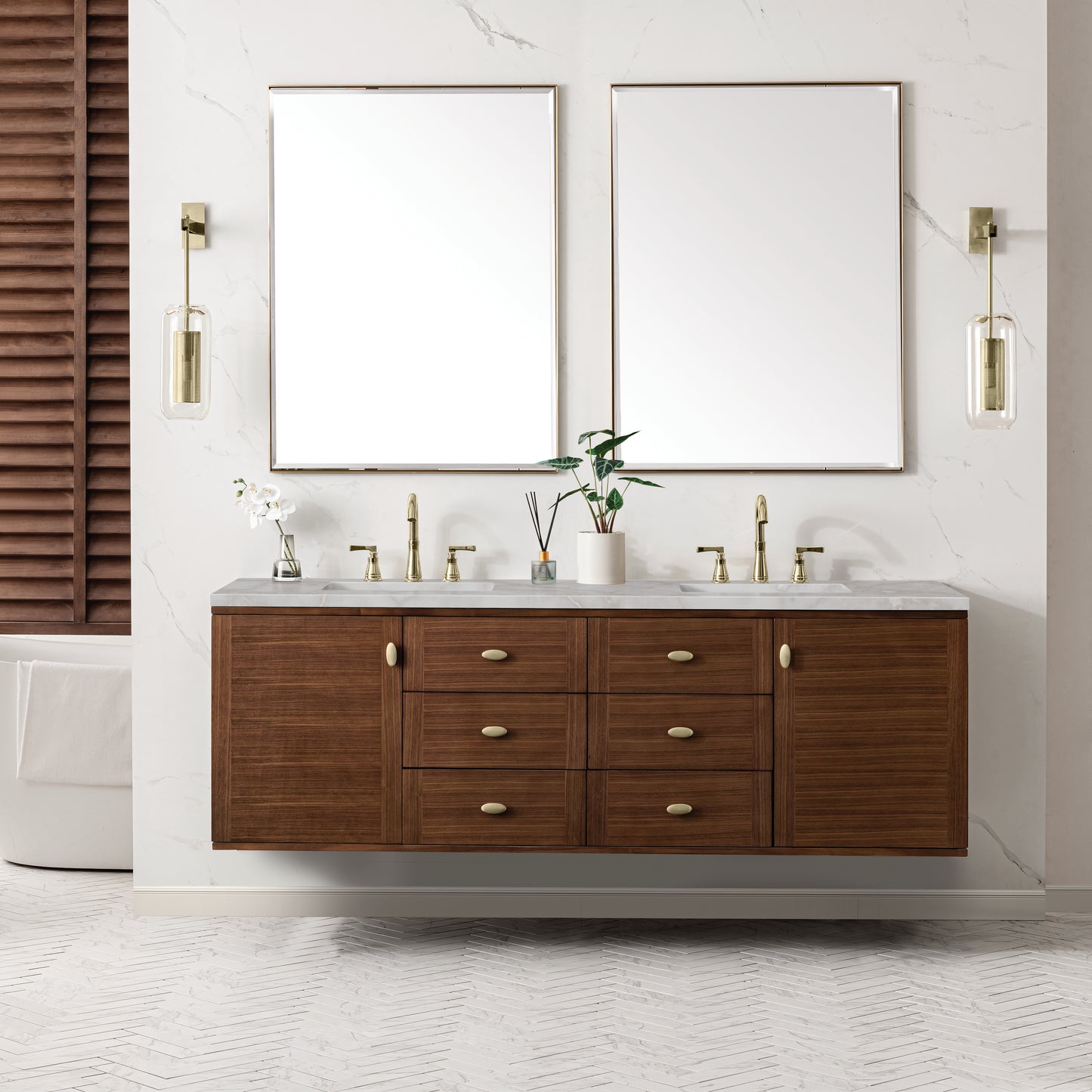 James Martin Vanities Amberly 72" Mid-Century Walnut Double Vanity With 3 cm Victorian Silver Top and FreePower Wireless Charger