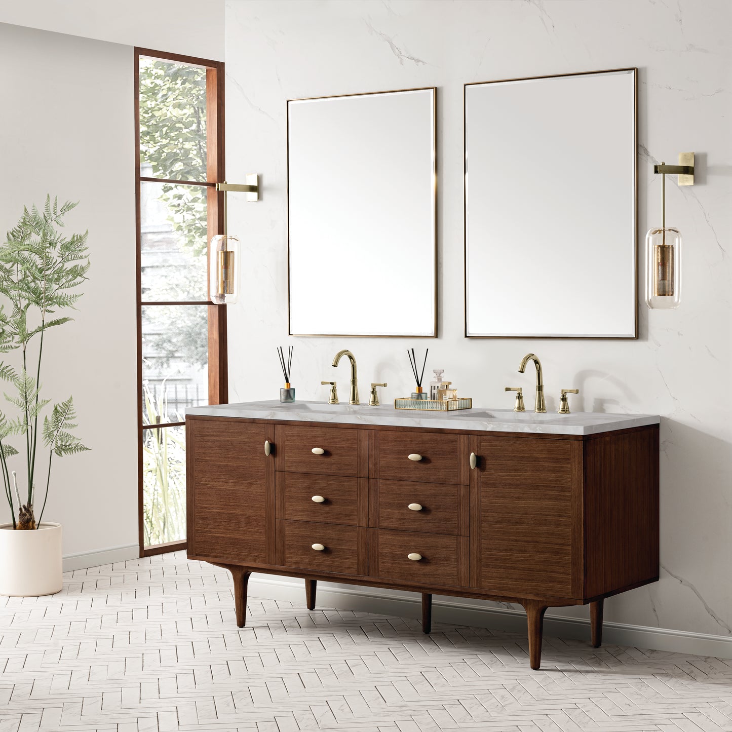 James Martin Vanities Amberly 72" Mid-Century Walnut Double Vanity With 3 cm Victorian Silver Top and FreePower Wireless Charger