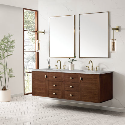 James Martin Vanities Amberly 72" Mid-Century Walnut Double Vanity With 3 cm Victorian Silver Top and FreePower Wireless Charger