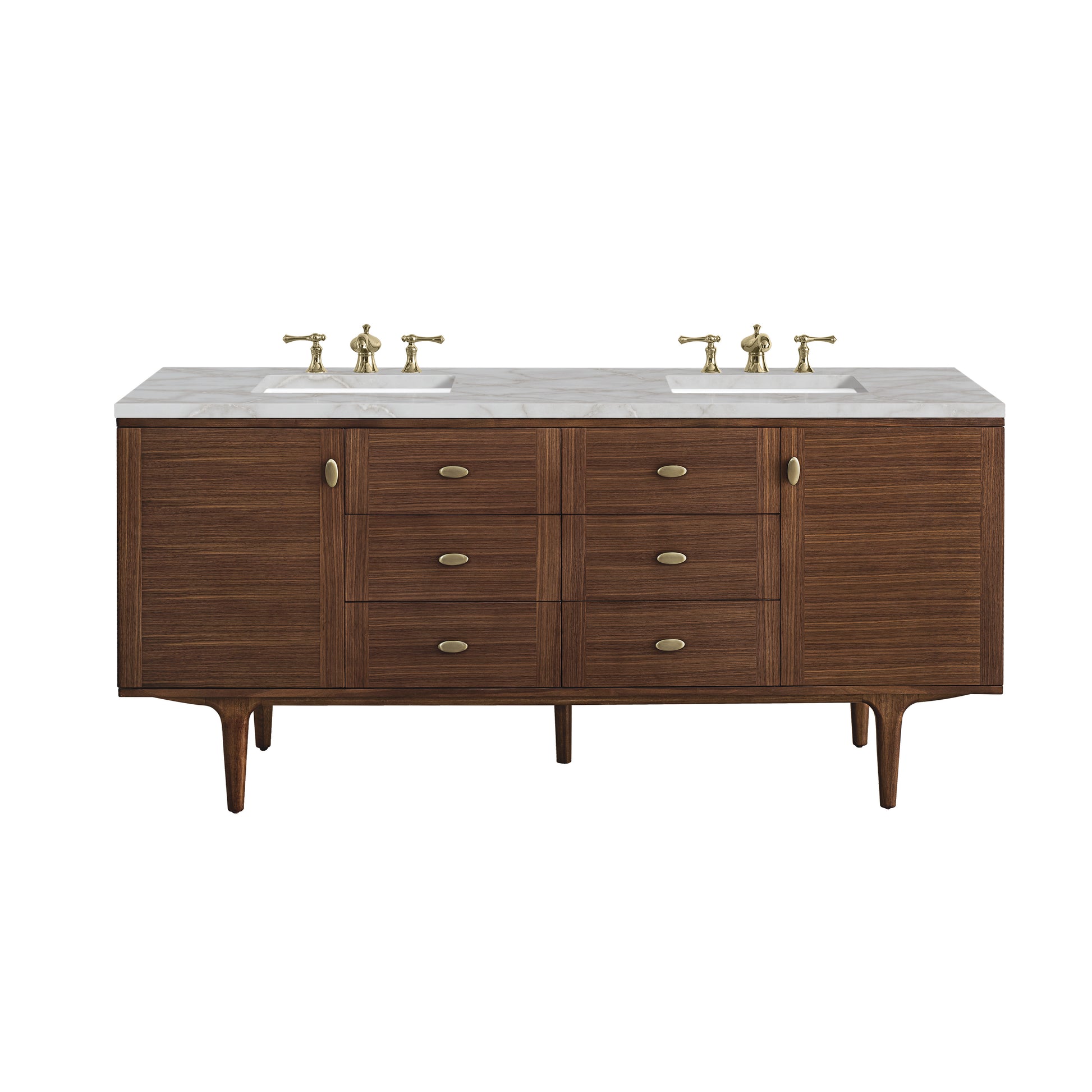 James Martin Vanities Amberly 72" Mid-Century Walnut Double Vanity With 3 cm Victorian Silver Top and FreePower Wireless Charger