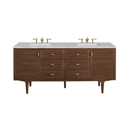 James Martin Vanities Amberly 72" Mid-Century Walnut Double Vanity With 3 cm Victorian Silver Top and FreePower Wireless Charger