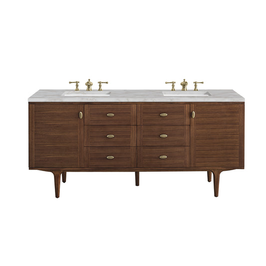 James Martin Vanities Amberly 72" Mid-Century Walnut Double Vanity With 3 cm Victorian Silver Top and FreePower Wireless Charger