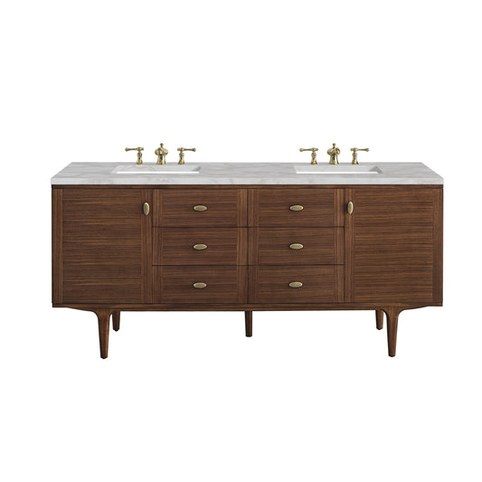 James Martin Vanities Amberly 72" Mid-Century Walnut Double Vanity With 3 cm Victorian Silver Top