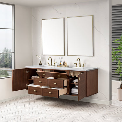 James Martin Vanities Amberly 72" Mid-Century Walnut Double Vanity With 3 cm White Zeus Top