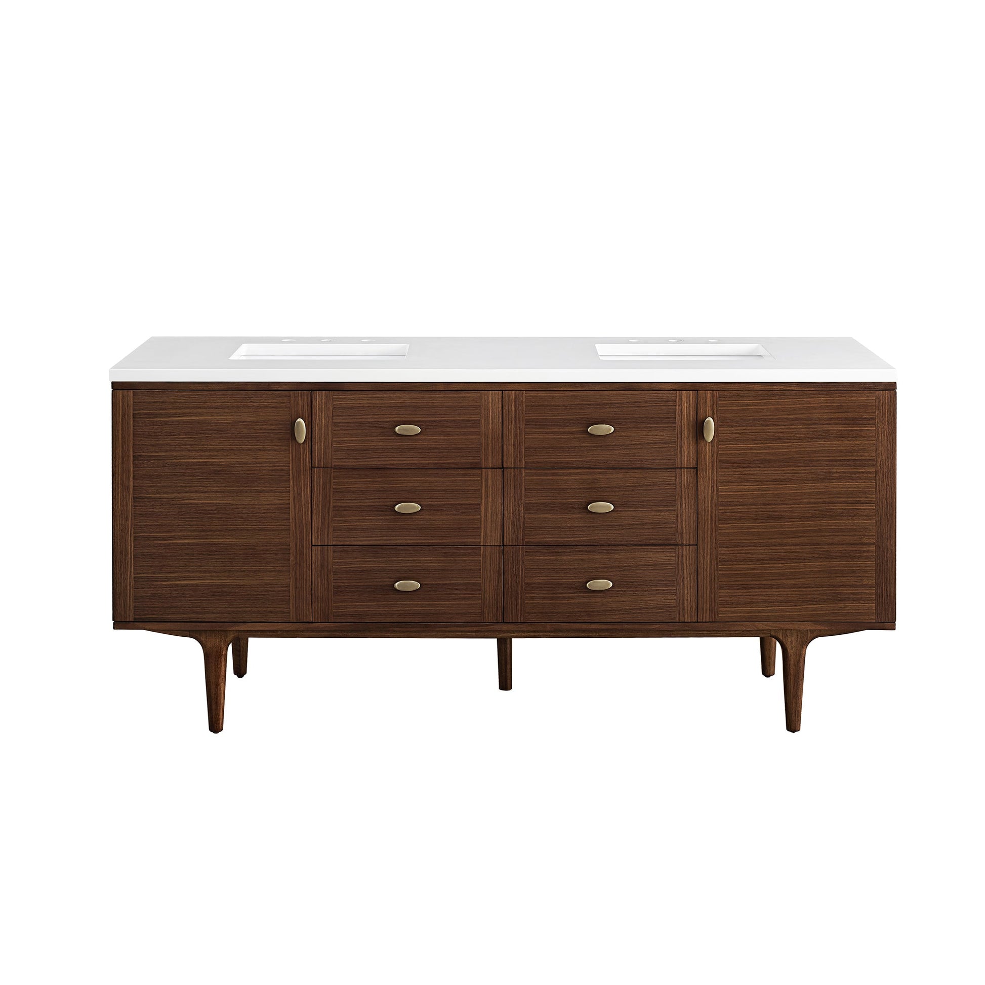 James Martin Vanities Amberly 72" Mid-Century Walnut Double Vanity With 3 cm White Zeus Top