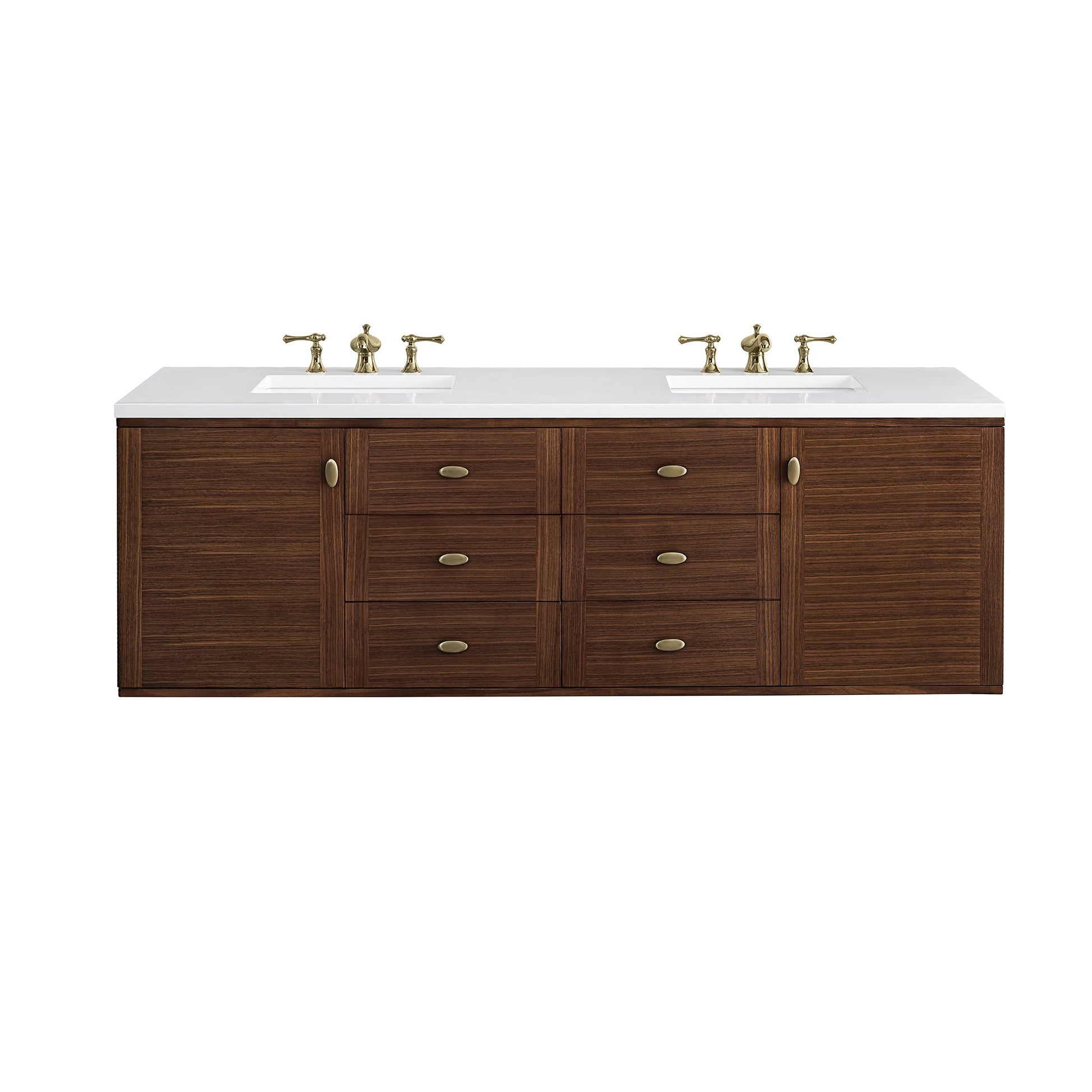 James Martin Vanities Amberly 72" Mid-Century Walnut Double Vanity With 3 cm White Zeus Top