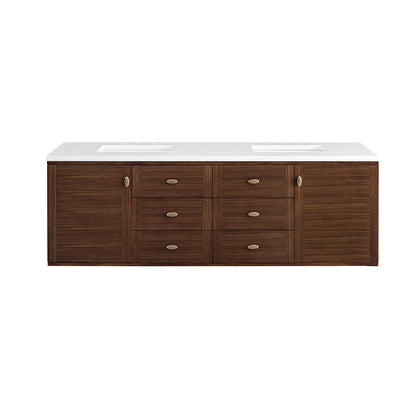 James Martin Vanities Amberly 72" Mid-Century Walnut Double Vanity With 3 cm White Zeus Top