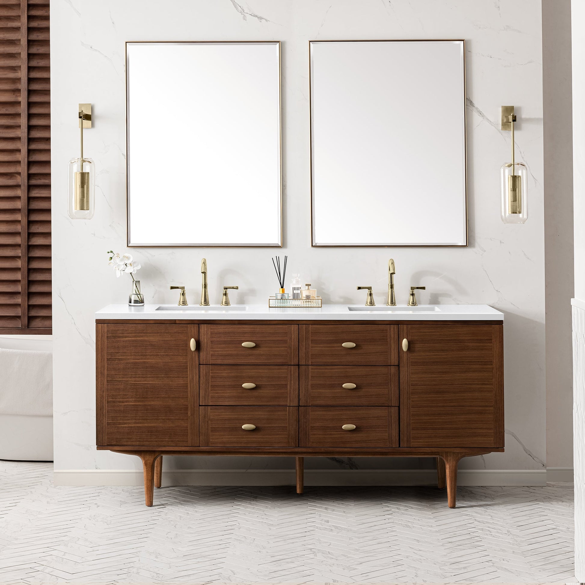 James Martin Vanities Amberly 72" Mid-Century Walnut Double Vanity With 3 cm White Zeus Top