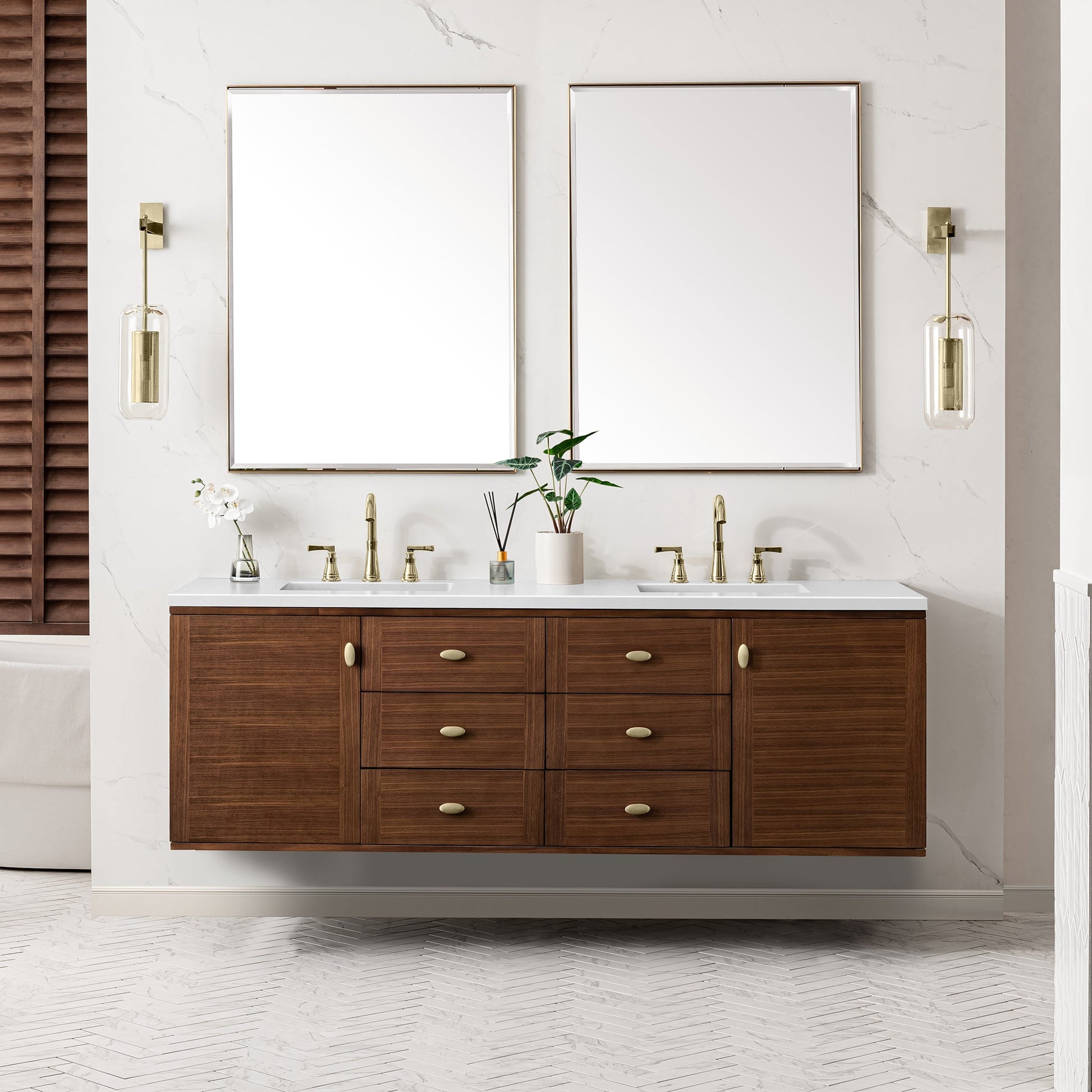 James Martin Vanities Amberly 72" Mid-Century Walnut Double Vanity With 3 cm White Zeus Top