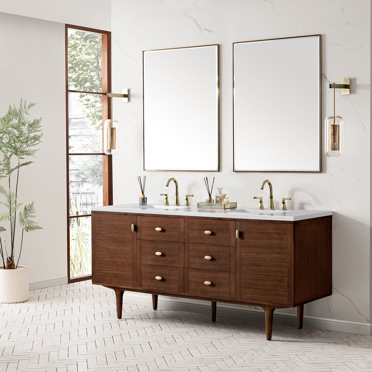 James Martin Vanities Amberly 72" Mid-Century Walnut Double Vanity With 3 cm White Zeus Top