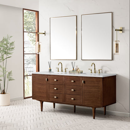 James Martin Vanities Amberly 72" Mid-Century Walnut Double Vanity With 3 cm White Zeus Top