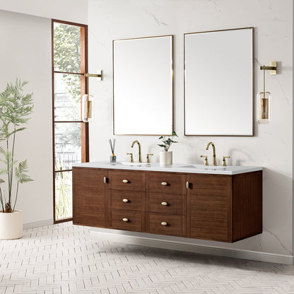 James Martin Vanities Amberly 72" Mid-Century Walnut Double Vanity With 3 cm White Zeus Top