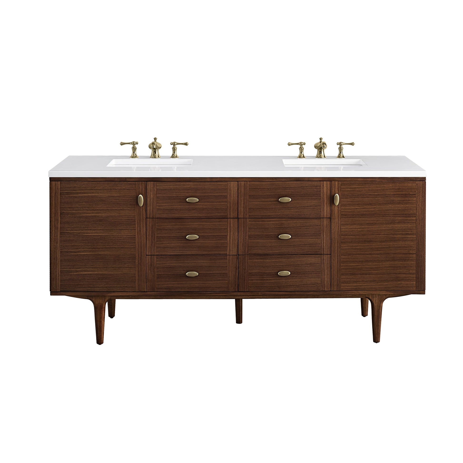 James Martin Vanities Amberly 72" Mid-Century Walnut Double Vanity With 3 cm White Zeus Top