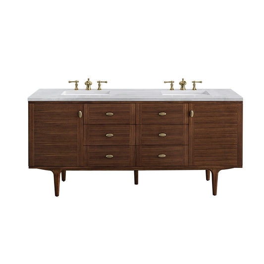 James Martin Vanities Amberly 72" Mid-Century Walnut Double Vanity With 3cm Arctic Fall Top