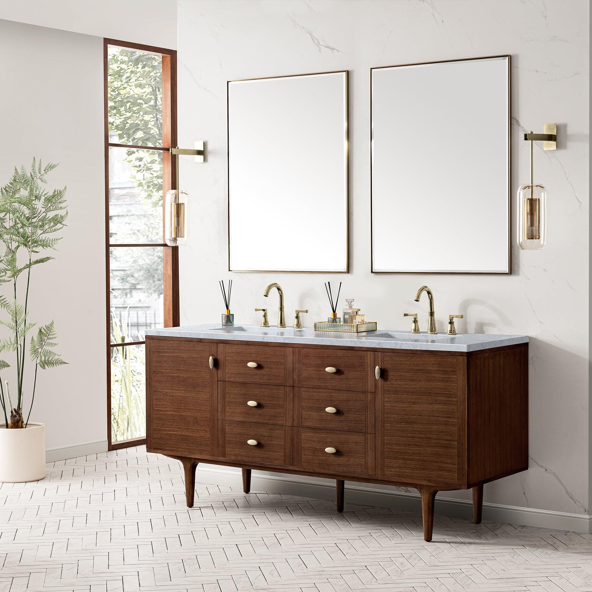 James Martin Vanities Amberly 72" Mid-Century Walnut Double Vanity With 3cm Carrara Marble Top