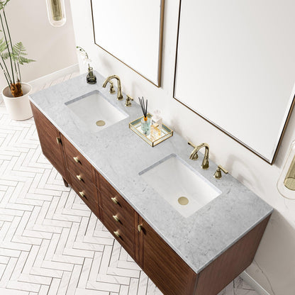 James Martin Vanities Amberly 72" Mid-Century Walnut Double Vanity With 3cm Carrara Marble Top