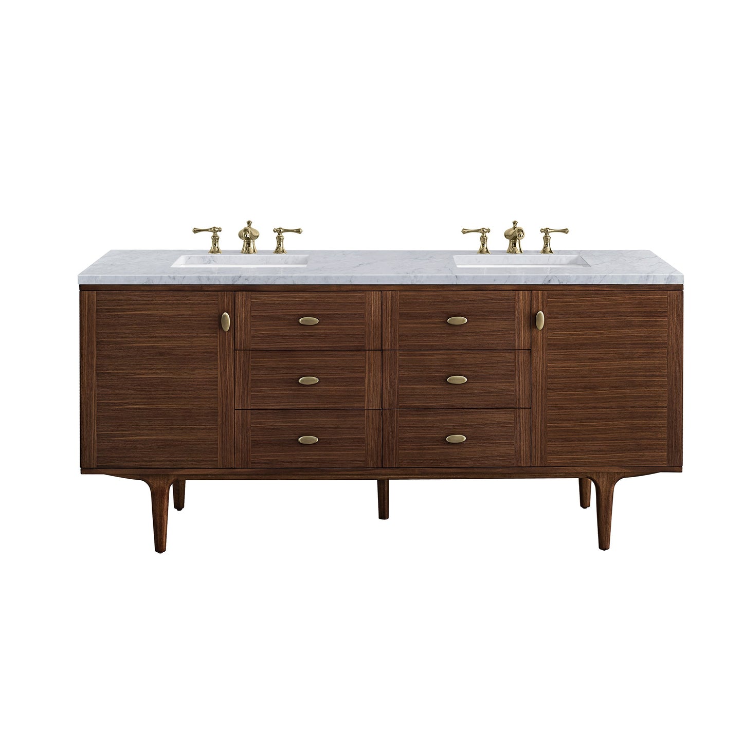 James Martin Vanities Amberly 72" Mid-Century Walnut Double Vanity With 3cm Carrara Marble Top