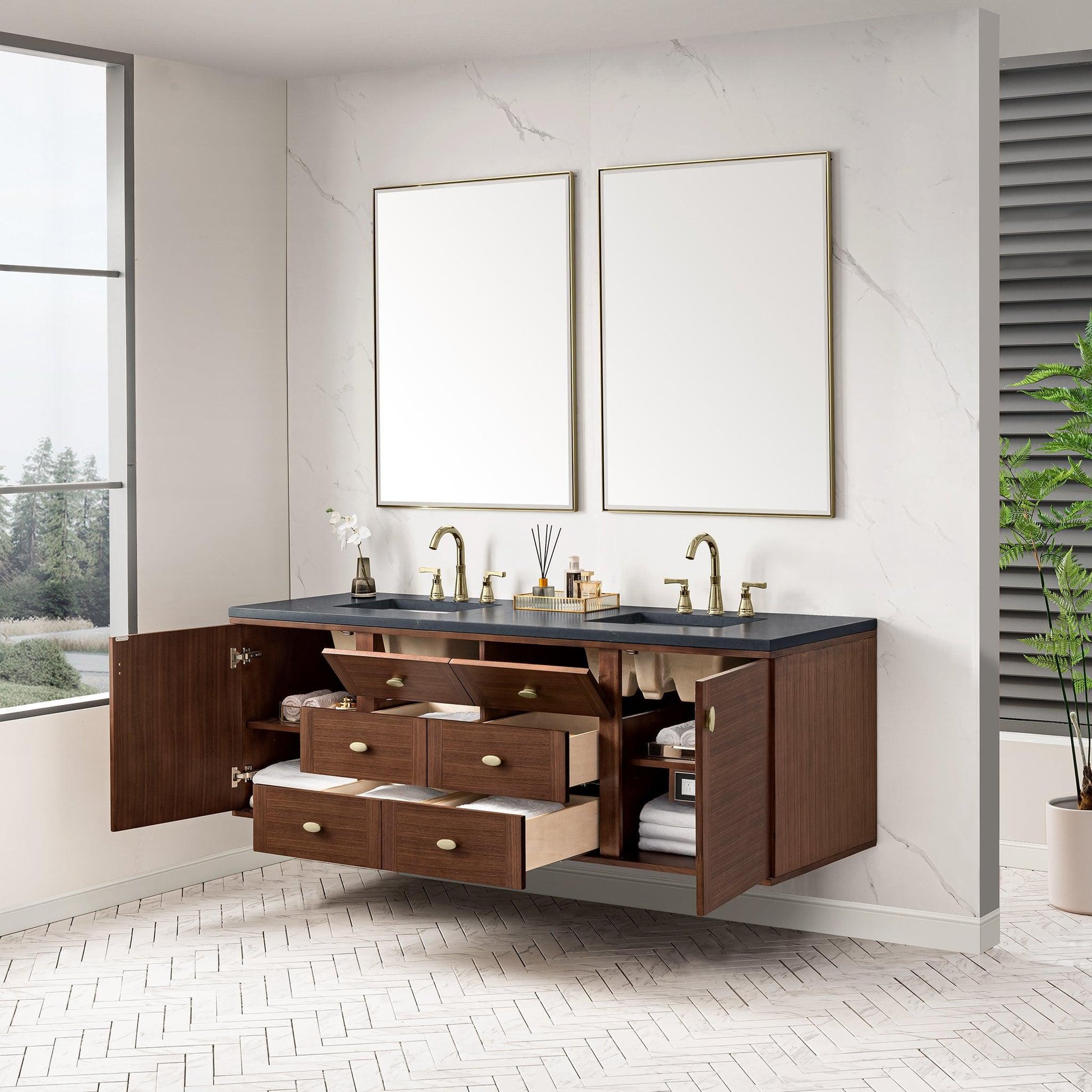 James Martin Vanities Amberly 72" Mid-Century Walnut Double Vanity With 3cm Charcoal Soapstone Top