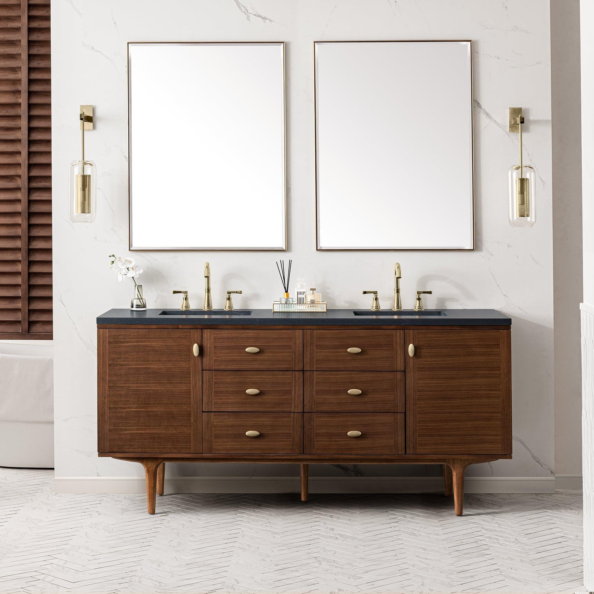 James Martin Vanities Amberly 72" Mid-Century Walnut Double Vanity With 3cm Charcoal Soapstone Top