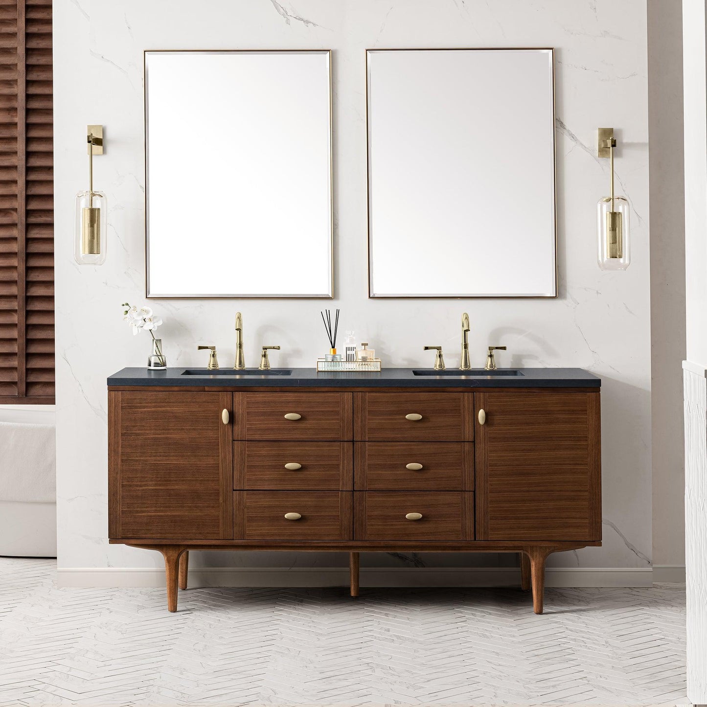 James Martin Vanities Amberly 72" Mid-Century Walnut Double Vanity With 3cm Charcoal Soapstone Top