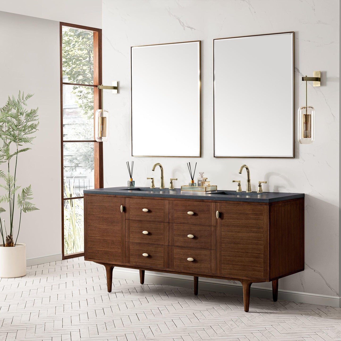 James Martin Vanities Amberly 72" Mid-Century Walnut Double Vanity With 3cm Charcoal Soapstone Top