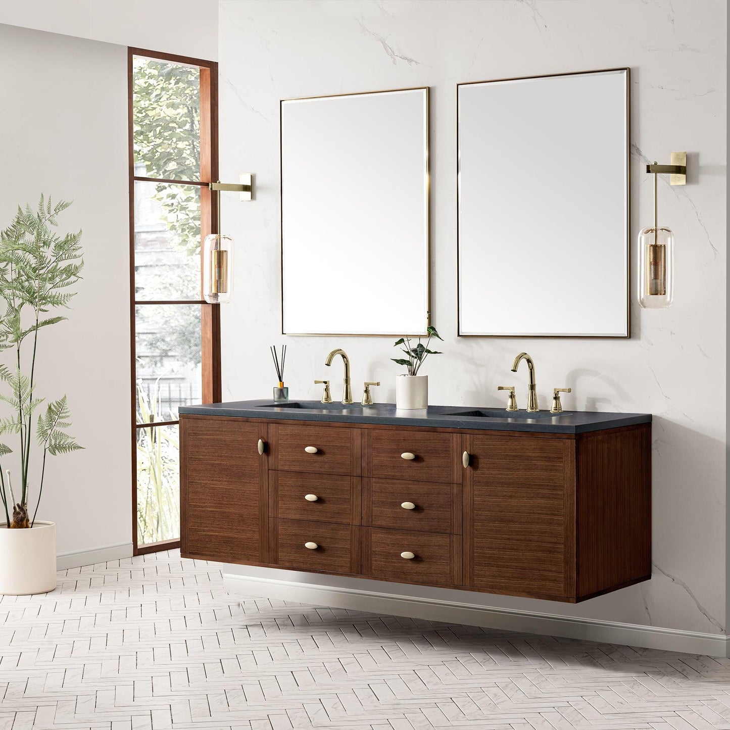 James Martin Vanities Amberly 72" Mid-Century Walnut Double Vanity With 3cm Charcoal Soapstone Top