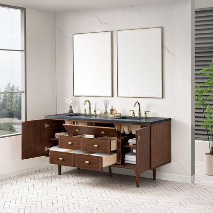 James Martin Vanities Amberly 72" Mid-Century Walnut Double Vanity With 3cm Charcoal Soapstone Top